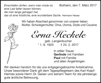 Traueranzeige von Erna Heckele von Heidenheimer Zeitung