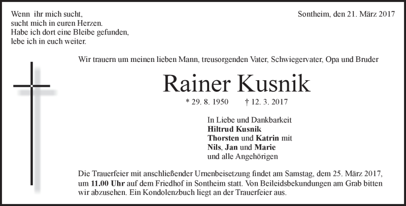  Traueranzeige für Rainer Kusnik vom 21.03.2017 aus Heidenheimer Zeitung