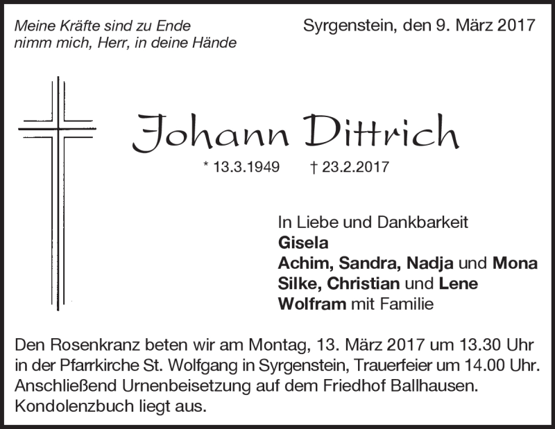  Traueranzeige für Johann Dittrich vom 01.03.2017 aus Heidenheimer Zeitung