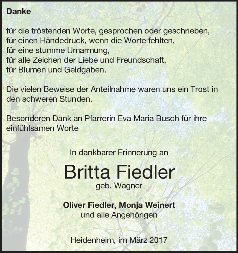 Traueranzeige für Britta Fiedler  vom 15.03.2017 aus Heidenheimer Zeitung
