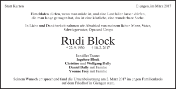 Traueranzeige von Rudi Block von Heidenheimer Zeitung