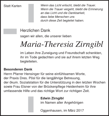 Traueranzeige von Maria-Theresia Zirngibl von Heidenheimer Zeitung