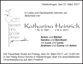 Traueranzeige von Katharina Heinrich von Heidenheimer Zeitung