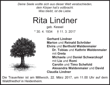 Traueranzeige von Rita Lindner von Heidenheimer Zeitung