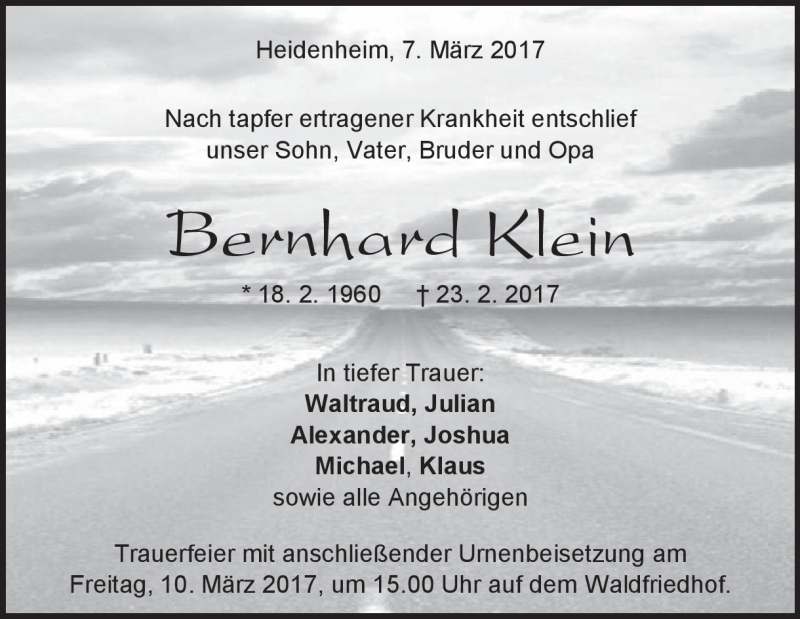  Traueranzeige für Bernhard Klein vom 07.03.2017 aus Heidenheimer Zeitung