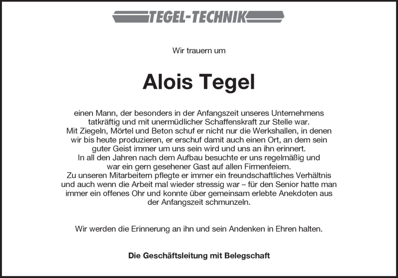  Traueranzeige für Alois Tegel vom 18.03.2017 aus Heidenheimer Zeitung