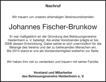 Traueranzeige von Johannes Fischer-Brunkow von Heidenheimer Zeitung
