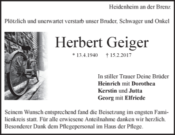 Traueranzeige von Herbert Geiger von Heidenheimer Zeitung