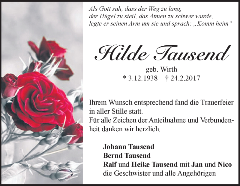  Traueranzeige für Hilde Tausend vom 03.03.2017 aus Heidenheimer Zeitung