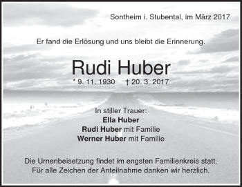 Traueranzeige von Rudi Huber von Heidenheimer Zeitung