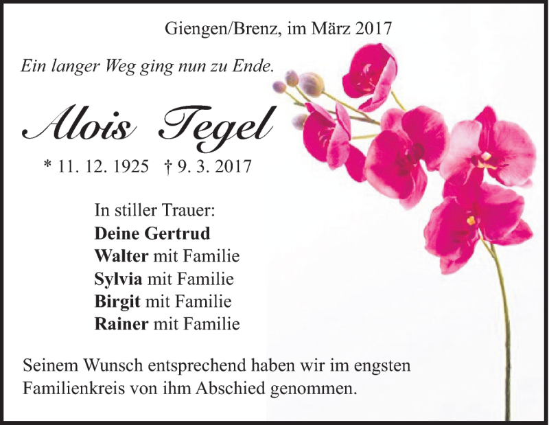  Traueranzeige für Alois Tegel vom 15.03.2017 aus Heidenheimer Zeitung
