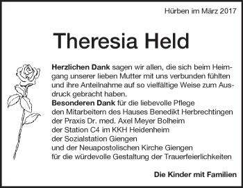 Traueranzeige von Theresia Held von Heidenheimer Zeitung