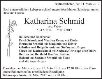 Traueranzeige von Katharina Schmid von Heidenheimer Zeitung