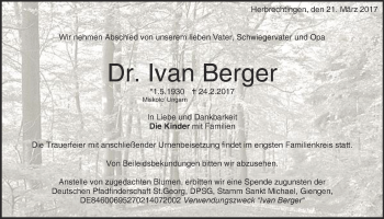 Traueranzeige von Dr. Ivan Berger von Heidenheimer Zeitung