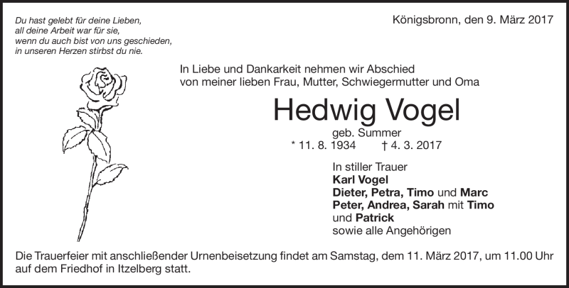  Traueranzeige für Hedwig Vogel vom 09.03.2017 aus Heidenheimer Zeitung
