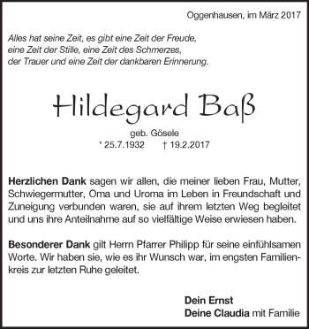 Traueranzeige von Hildegard Baß von Heidenheimer Zeitung