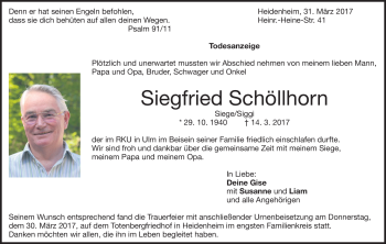 Traueranzeige von Siegfried Schöllhorn von Heidenheimer Zeitung