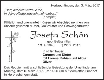 Traueranzeige von Josefa Schön von Heidenheimer Zeitung