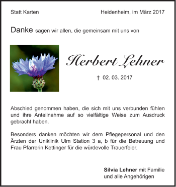 Traueranzeige von Herbert Lehner von Heidenheimer Zeitung