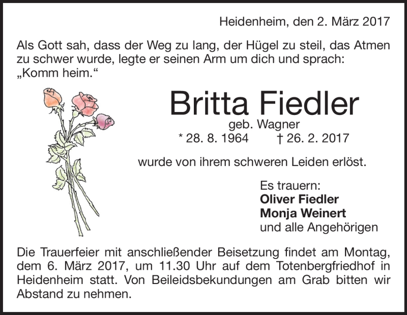  Traueranzeige für Britta Fiedler  vom 02.03.2017 aus Heidenheimer Zeitung