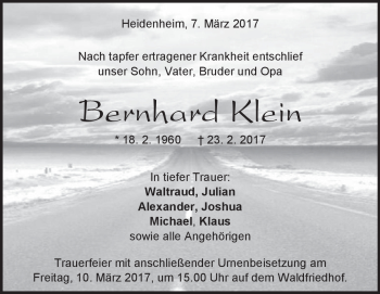 Traueranzeige von Bernhard Klein von Heidenheimer Zeitung