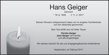 Traueranzeige von Hans Geiger von Heidenheimer Zeitung