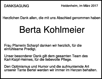 Traueranzeige von Berta Kohlmeier von Heidenheimer Zeitung