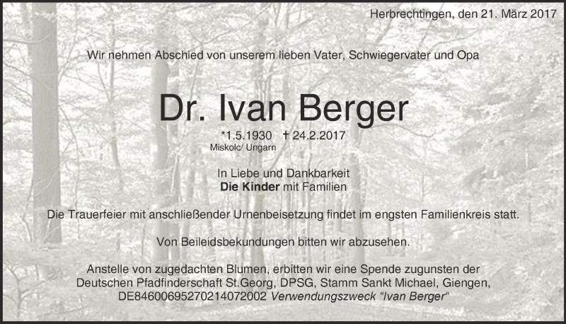  Traueranzeige für Dr. Ivan Berger vom 21.03.2017 aus Heidenheimer Zeitung