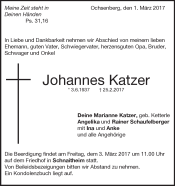 Traueranzeige von Johannes Katzer von Heidenheimer Zeitung