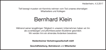 Traueranzeige von bernhard Klein von Heidenheimer Zeitung