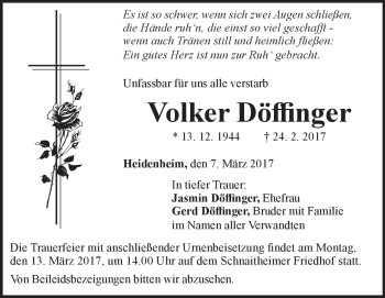Traueranzeige von Volker Döffinger von Heidenheimer Zeitung