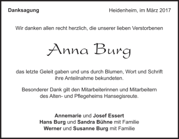 Traueranzeige von Anna Burg von Heidenheimer Zeitung