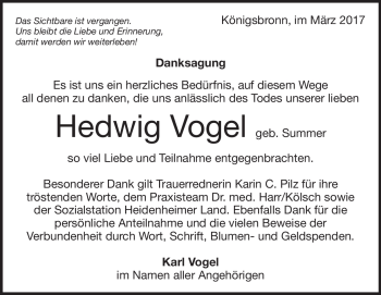 Traueranzeige von Hedwig Vogel von Heidenheimer Zeitung