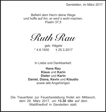 Traueranzeige von Ruth Rau von Heidenheimer Zeitung