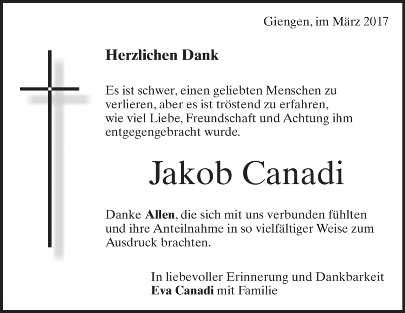  Traueranzeige für Jakob Canadi vom 25.03.2017 aus Heidenheimer Zeitung