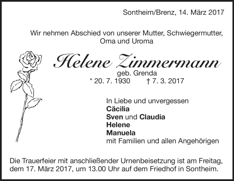  Traueranzeige für Helene Zimmermann vom 14.03.2017 aus Heidenheimer Zeitung