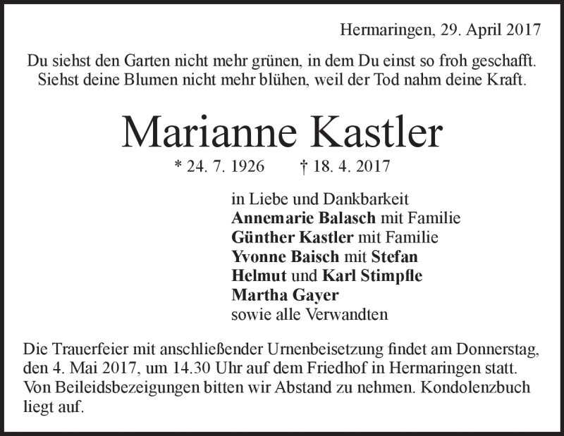  Traueranzeige für Marianne Kastler vom 29.04.2017 aus Heidenheimer Zeitung