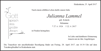 Traueranzeige von Julianna Lammel von Heidenheimer Zeitung