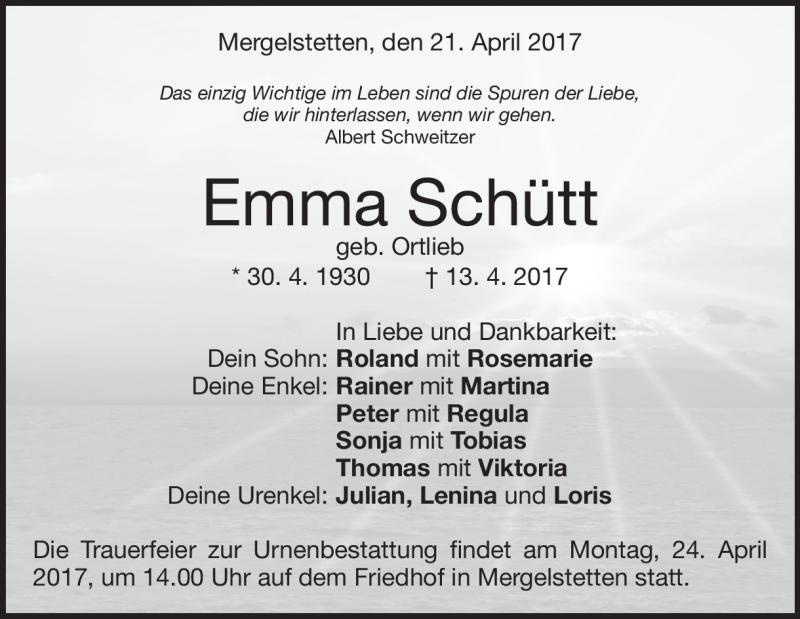  Traueranzeige für Emma Schütt vom 21.04.2017 aus Heidenheimer Zeitung
