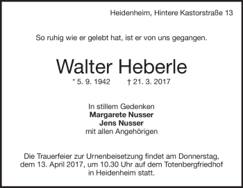 Traueranzeige von Walter Heberle von Heidenheimer Zeitung