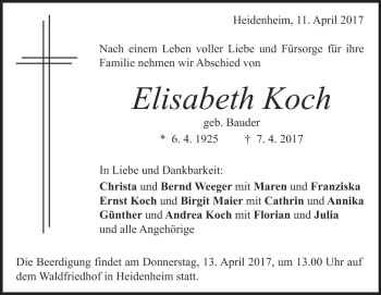 Traueranzeige von Elisabeth Koch von Heidenheimer Zeitung