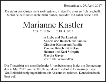 Traueranzeige von Marianne Kastler von Heidenheimer Zeitung