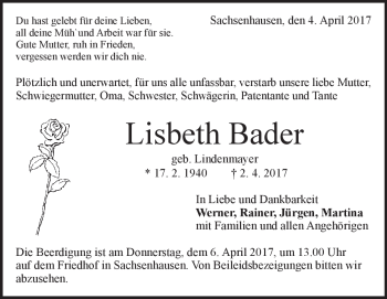 Traueranzeige von Lisbeth Bader von Heidenheimer Zeitung