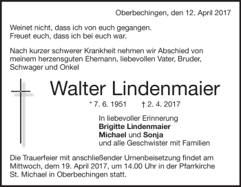 Traueranzeige von Walter Lindenmaier von Heidenheimer Zeitung