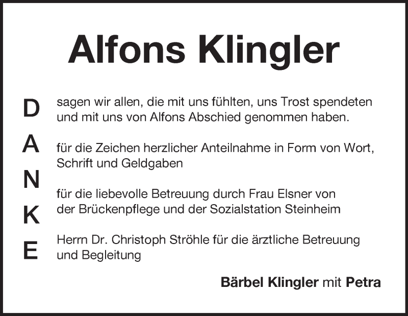 Traueranzeige für Alfons Klingler vom 06.04.2017 aus 