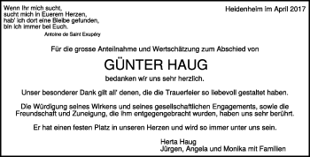 Traueranzeige von Günter Haug von Heidenheimer Zeitung