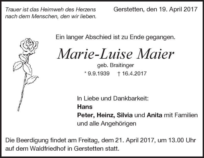  Traueranzeige für Marie-Luise Maier vom 19.04.2017 aus Heidenheimer Zeitung