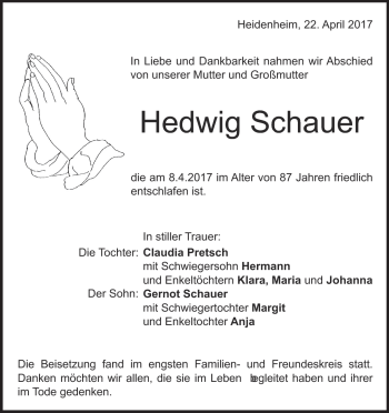 Traueranzeige von Hedwig Schauer von Heidenheimer Zeitung