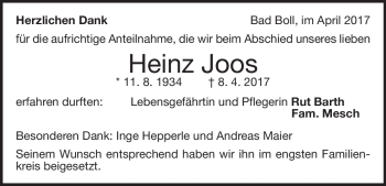 Traueranzeige von Heinz Joos von Heidenheimer Zeitung