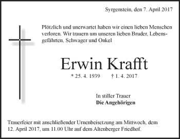 Traueranzeige von Erwin Krafft von Heidenheimer Zeitung